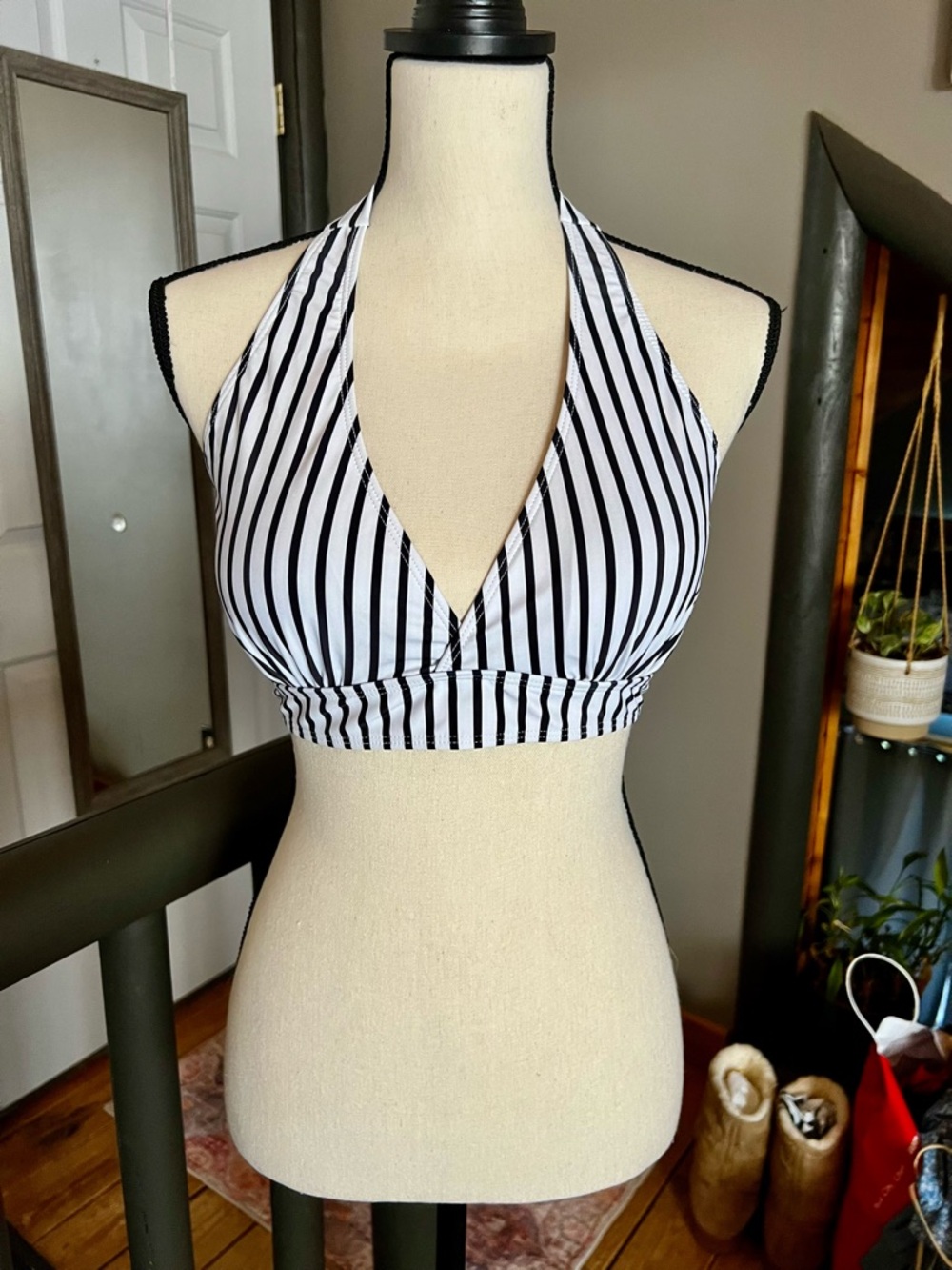 Adorable Large Striped Black & White Halter Bikini Top